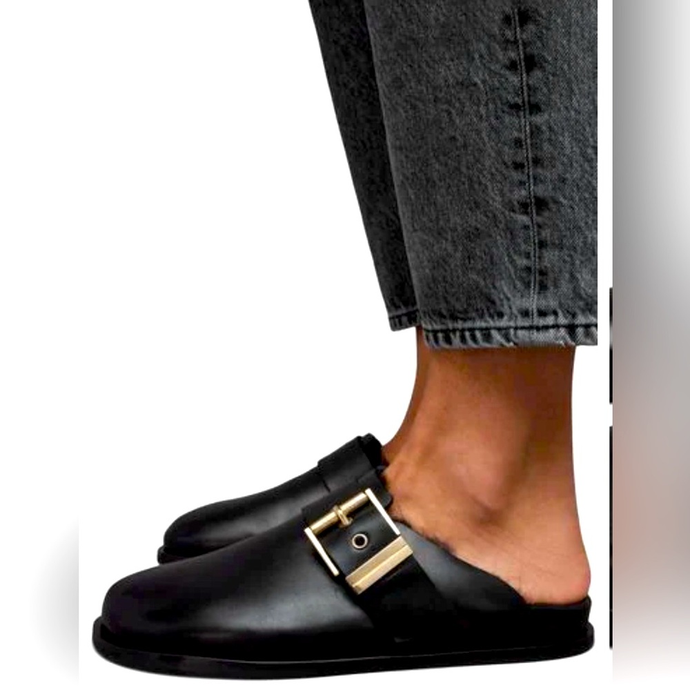 All Saints Black Mules with Gold Buckle